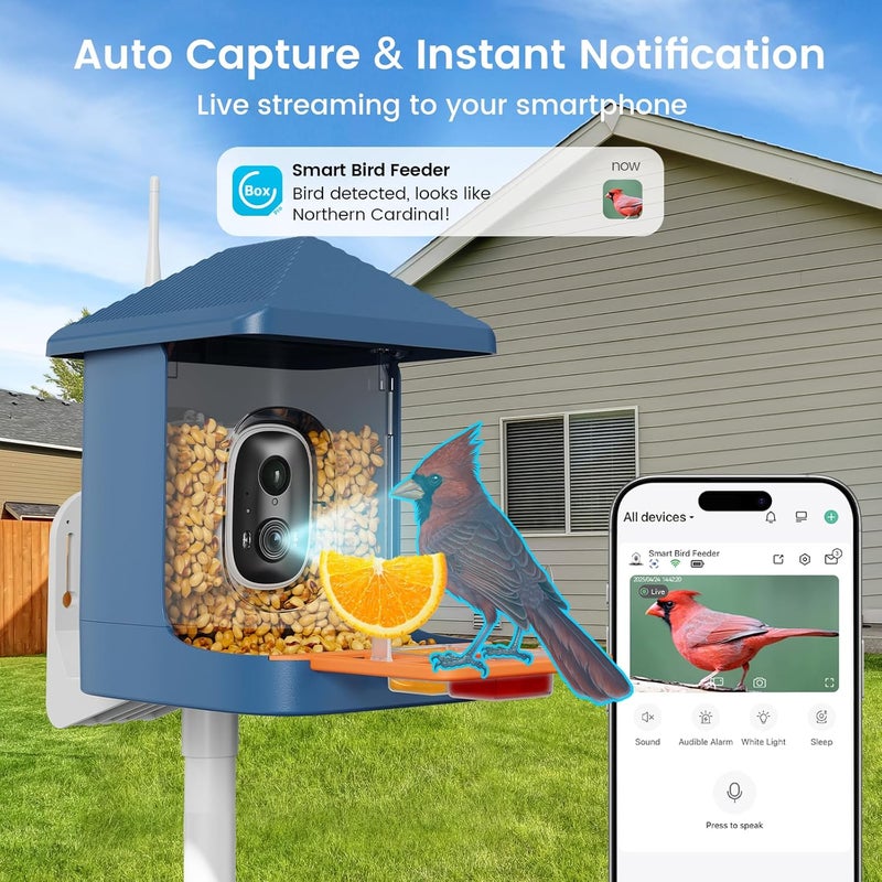 ACCULENZ Smart Bird Feeder with Camera, Solar Powered Bird Feeders for Outdoors, 1.8L 2K AI Identify 10,000+ Birds Species, Birds Feeder Camera IP65 Instant Notification, Ideal Gift for Avian Lovers - Image 3